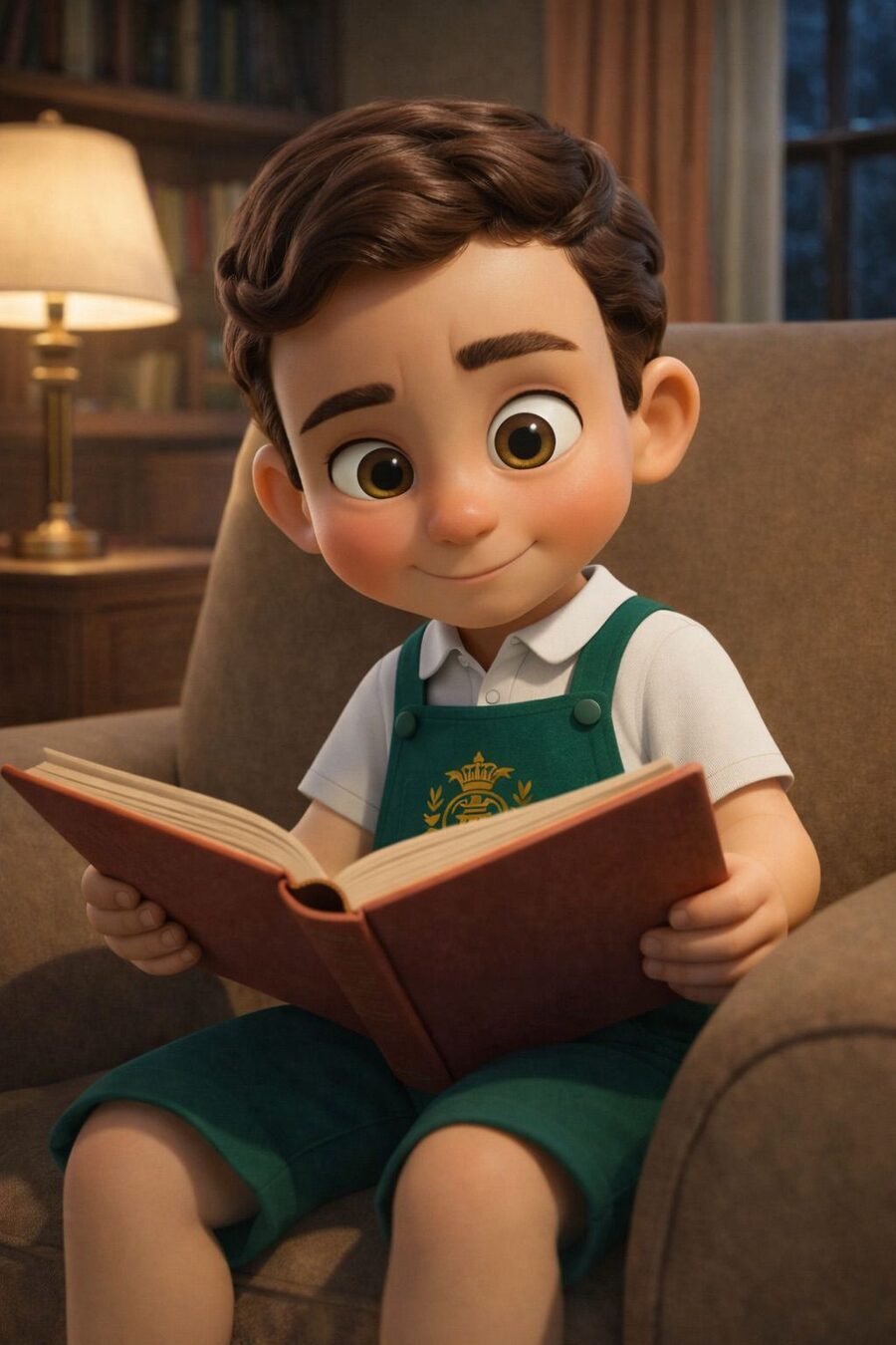 Luisinho, mascote do colégio, lendo um livro na poltrona