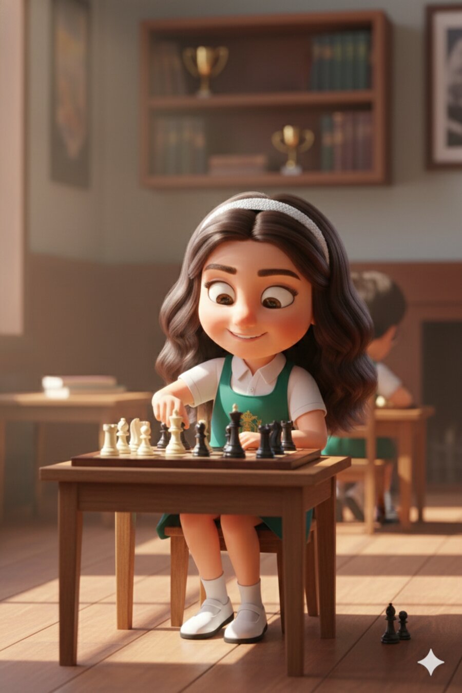 Luiza, mascote do colégio, concentrada em um jogo de xadrez